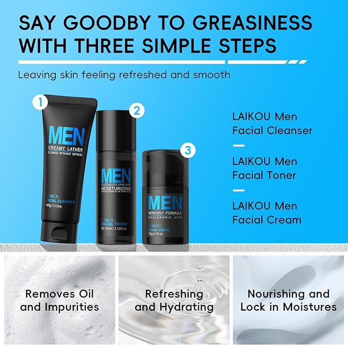 LAIKOU Men's Skin Care Set, Gifts for Men, Skincare Gift Set, Men Skincare with Facial Cream, Facial Cleanser, Facial Toner Father's Day Christmas Birthday Valentines for Him Dad Son Husband Boyfriend