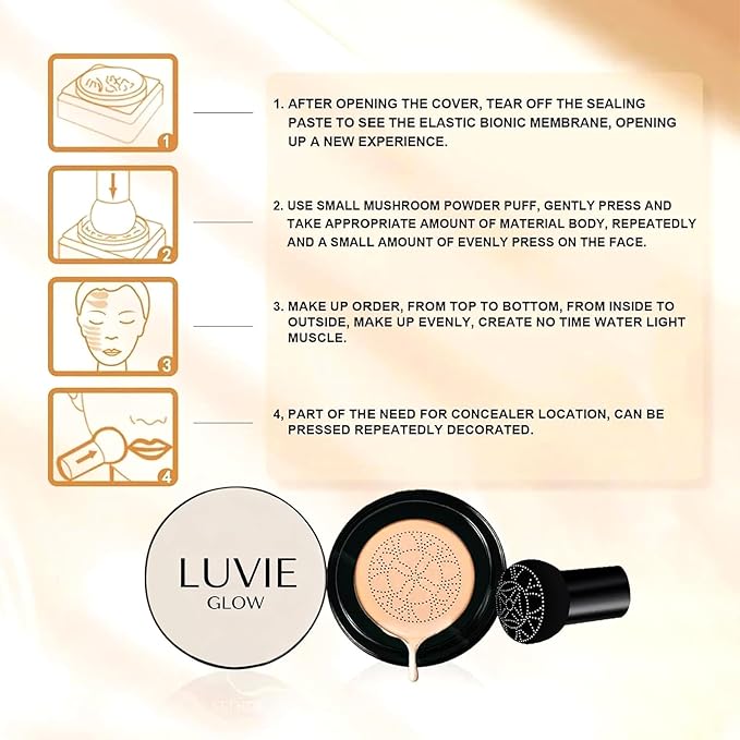 Luvie Glow Foundation Cushion, Mushroom Head Air Cushion CC Cream Foundation, Full Coverage Foundations for Mature Skin, BB Cream for All Skin Types (Warm, 0.64OZ)