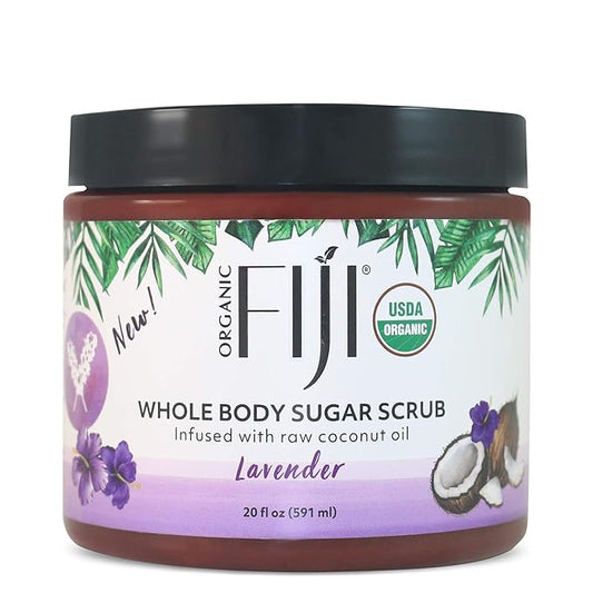 Organic Fiji Whole Body Scrub - Infused with Coconut Oil, Exfoliating Sugar Scrub for Smooth and Soft Skin, Exfoliates & Restores Skin's Natural Biosphere, Lavender 20 oz