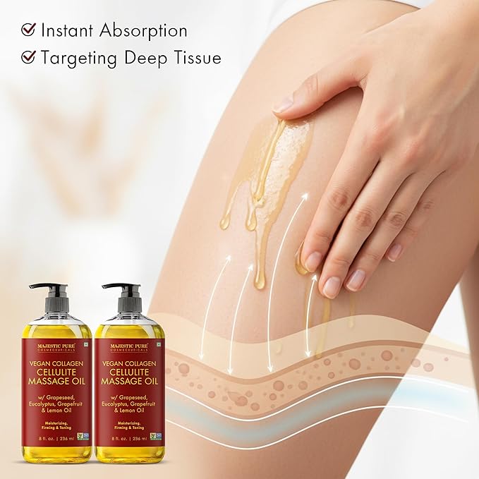 Majestic Pure Firming Body Massage Oil with Collagen – Helps Smooth The Appearance of Cellulite & Improve Skin Texture – Refreshing Aromatherapy Body Oil for Legs & Full Body – 8 Fl Oz Pack of 2