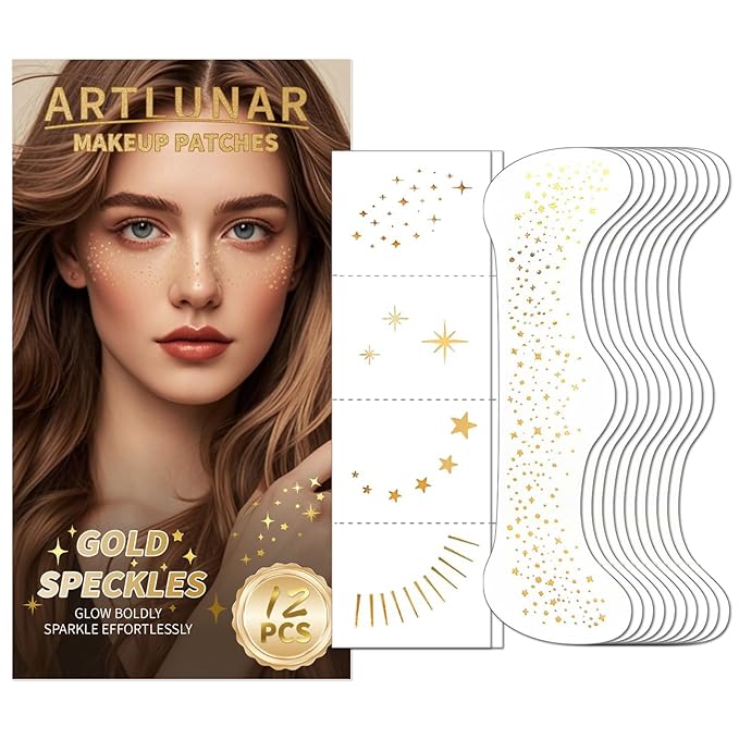 Artlunar 12Pcs Christmas Gold Sparkle Makeup Patches - Body Glitter Stickers for Face and Body, Perfect for Festivals and Parties (Gold),Christmas Makeup Gifts for Women and Girl.