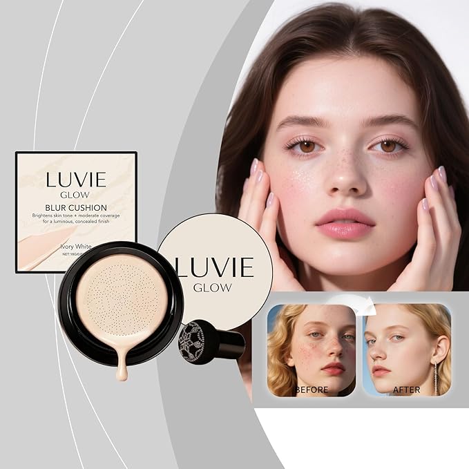 Luvie Glow Foundation Cushion, 2026 New Mushroom Head Air Cushion CC Cream, Air Cushions Foundation Moisturizing Concealer Brighten Long-Lasting for All Skin Types (Ivory)