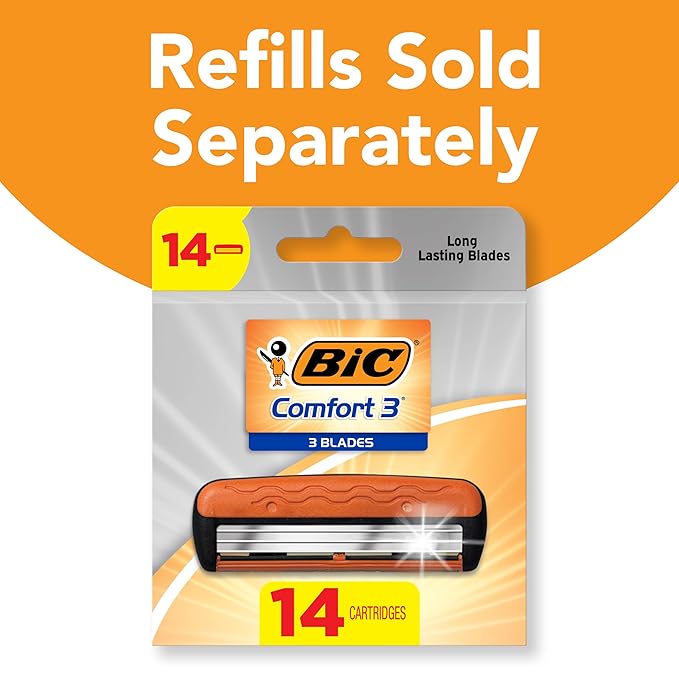BIC Comfort 3 Refillable Three-Blade Disposable Razor for Men, Sensitive Skin Razor For a Comfortable Shave, 1 Handle and 6 Cartridges, 7 Piece Razor Set (Pack of 2)