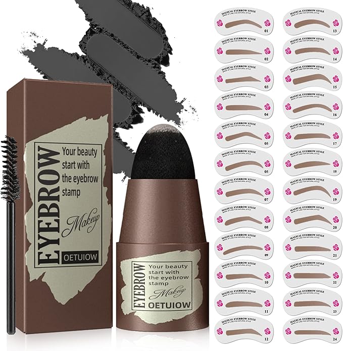 Eyebrow Stamp Stencil Kit - One-Step Eyebrow Stencil with 24 Reusable Thin & Thick Stencils, Long-Lasting Waterproof & Smudge-Proof Brow Stamp for Perfect Eye Makeup (Dark Black)