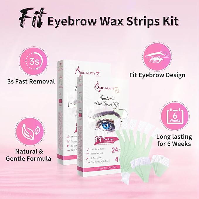 Beauty7 Wax Strips Kit for Sensitive Skin, Facial Hair Removal for Eyebrow, Lip, 24 Strips & 4 Calming Oil Wipes, At Home Waxing for Women