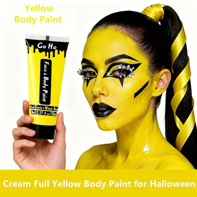 Go Ho Yellow Face Body Paint Washable(2.37oz/pc),Water Based Cream Full Yellow Body Paint for Monster Minions Lion Tiger SFX Cosplay Costumes Festivals Halloween Makeup