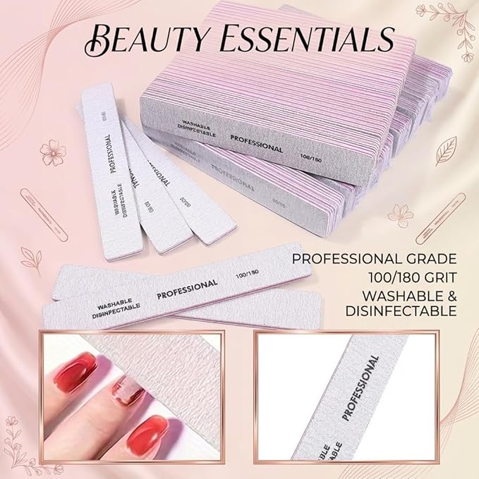 Klimonla 25PCS Professional Rectangular Emery Board Nail Files, 100/180 Grit Dual-Sided Buffer, Reusable Nail Filing Tools for Natural & Acrylic Nails, Home & Salon Manicure Supplies