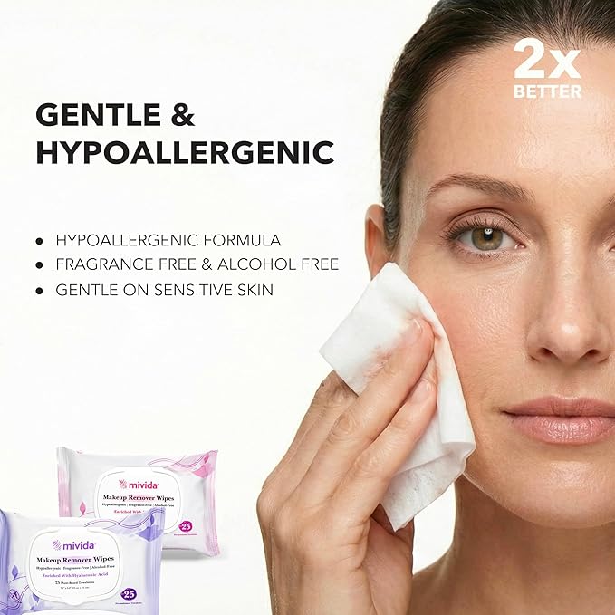 mivida Hypoallergenic Makeup Remover Wipes, Variety Box of 200 Wipes (8x25) 4 Packs with Vitamin E + 4 Packs with Hyaluronic Acid, Fragrance Free,Travel Size Plant-Based make up wipes