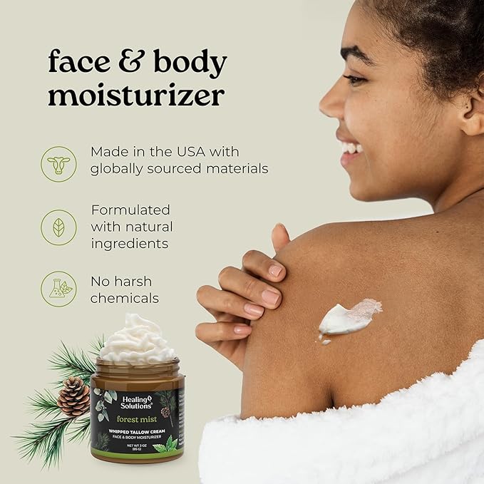 Healing Solutions - Whipped Tallow Balm, Eucalyptus, Peppermint & Cedarwood, 100% Grass Fed/Grass Finished Beef Tallow w/Organic Jojoba & Manuka Honey for Skin, Face & Body Moisturizer, Made in USA