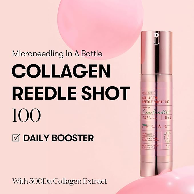 VT COSMETICS Pink Reedle Shot 100 Serum with 500Da Collagen Extract & Spicule Microneedling Formula, Korean Skin Booster, 1.69 fl oz(50ml)