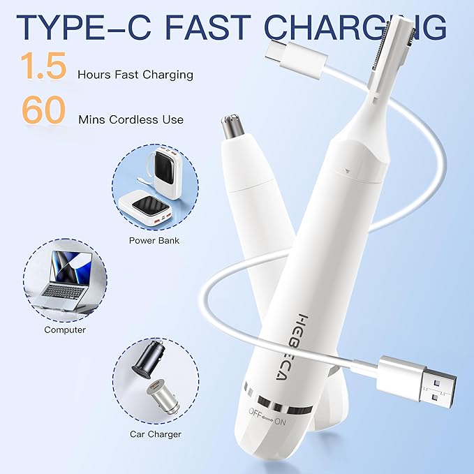 HEBECA Nose Hair Trimmer for Women Men - Electric Ear and Nose Hair Trimmer - 2 in 1 Facial Hair Remover Portable for Painless Face Eyebrow Trimmering Waterproof (Pearl White 2in1)
