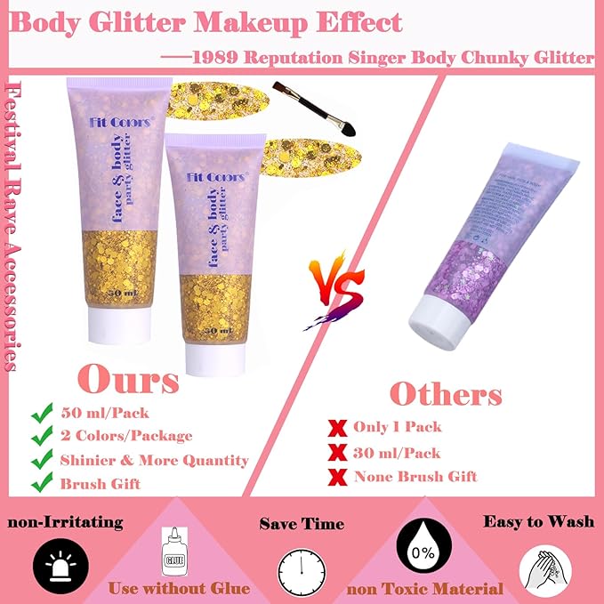 Body Glitter Face Glitter Gel: Singer Concerts Disco Festival Rave Accessories Face Glitter Makeup 100ml Chunky Sequins Mermaid Face Body Hair Glitter Gel (2 Gold)