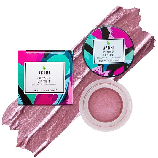 Aromi Glossy Lip Tint in Pot – Shimmery, Hydrating Lip Gloss Color, Metallic, Rosy Mauve Shade, Vegan & Cruelty-free, Moisturizing, Non-Sticky Formula (Rose Quartz)