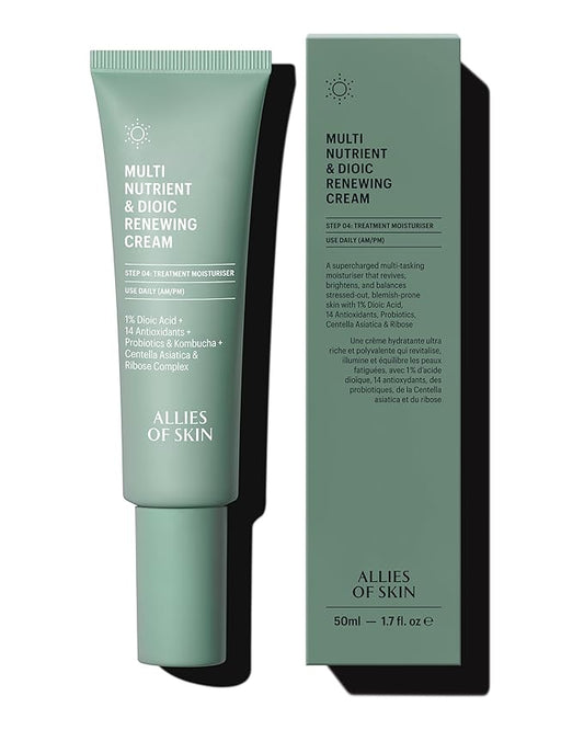 Allies of Skin Multi Nutrient & Dioic Renewing Face Cream | Balance and Hydrate Acne Prone Skin with Kombucha & Probiotics | Calm Redness, Breakouts and Even Skin Tone | 1.7 fl oz