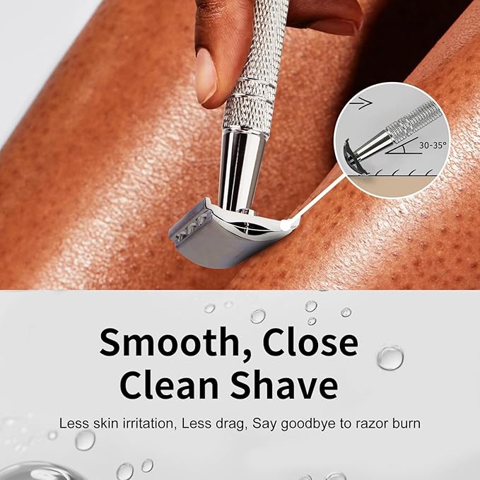 Double Edge Safety Razor with Stand, Single Blade Razors for Men and Women, Reusable Metal Razor, with 10 Double Edge Blades, Smooth and Close Shave, Shiny Silver