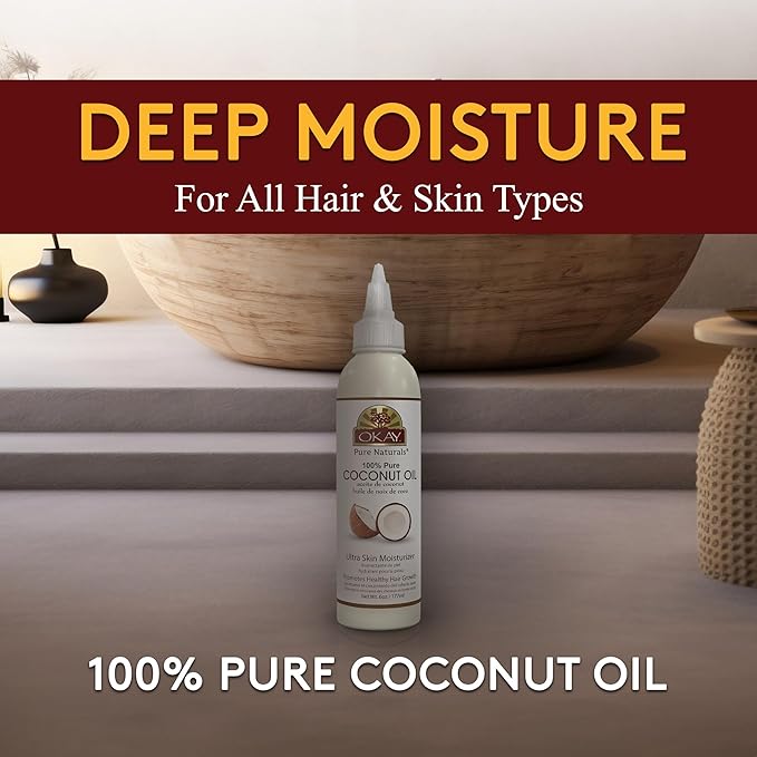 OKAY 100% Pure Coconut Oil for Hair & Skin - Coconut Oil for Women & Men, Perfect for Body & Face, for Massage & Moisturizer, Natural - 6 Fl Oz Squeeze Bottle (Pack of 1)