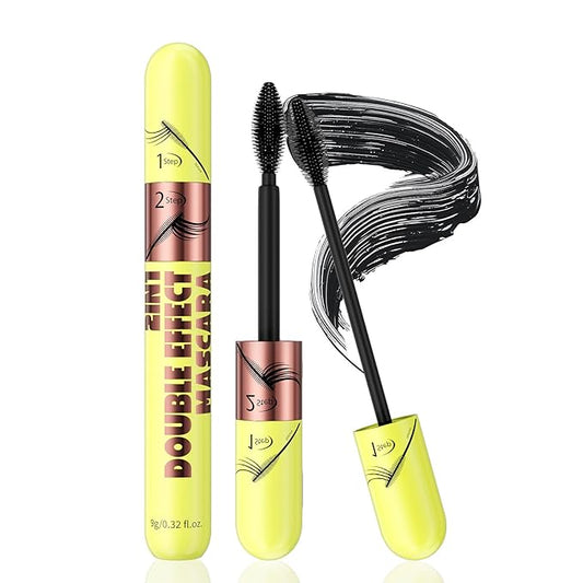 QIC 2 in 1 Mascara Black, Dual-Effect Length & Volume, Waterproof 12H Wear, Smudge-Proof 2 Step Mascara for Natural to Full Lashes, 4D Silk Fiber Lash 2 Step, No Clumping, Easy Removal