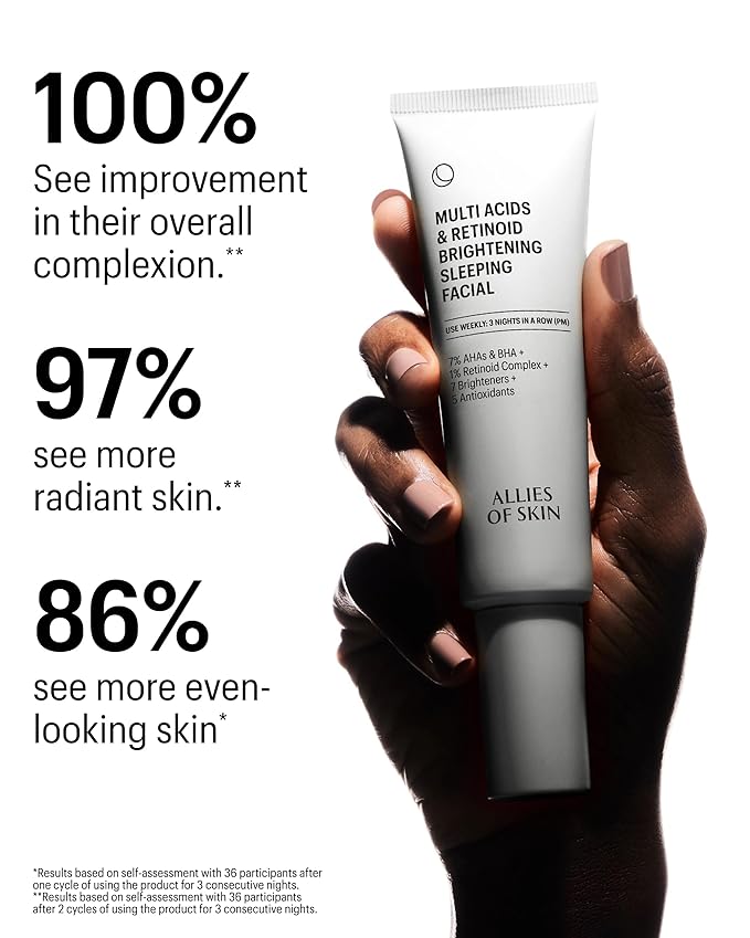 Allies of Skin Multi Acids & Retinoid Sleeping Facial | Exfoliating Overnight Glycolic Acid & AHA Peel | Resurfacing Anti-Aging Treatment For Fine Lines | Unclog Pores and Treat Blackheads 1.6 fl oz
