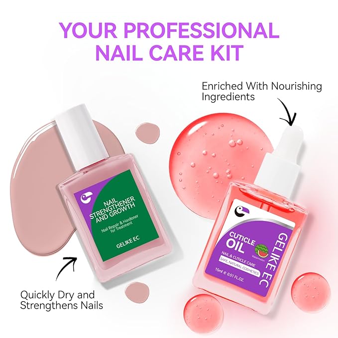 Gelike EC Professional Nail Care Kit: Nude Nail Growth Treatment & Watermelon Cuticle Oil (15ml) - Hydrating Protein Care for Dry Nails - Lightweight Non-Sticky - Perfect for Summer Manicures