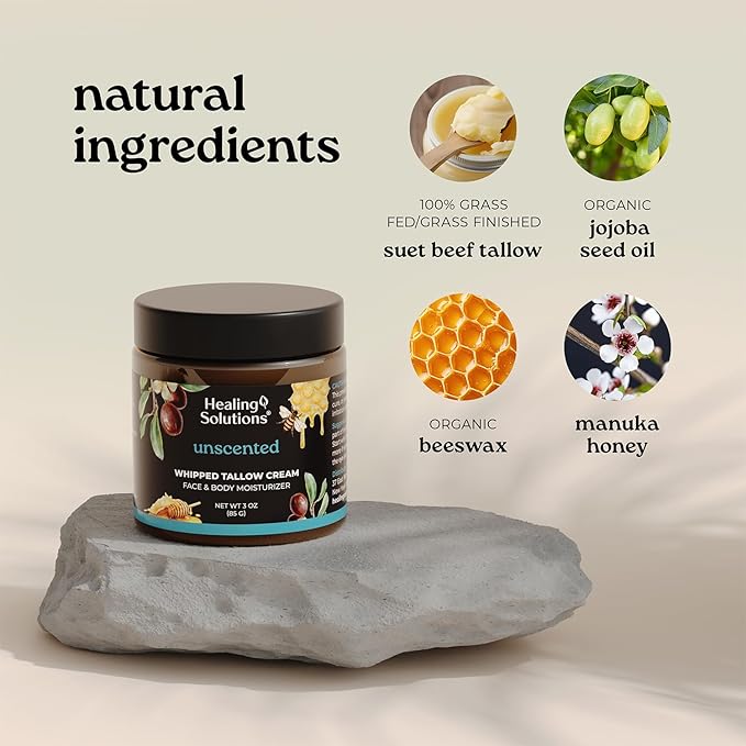 Healing Solutions - Whipped Tallow Balm, 100% Grass Fed/Grass Finished Beef Tallow with Organic Jojoba & Manuka Honey for Skin, Face & Body, All Natural Moisturizer Cream, Made in USA