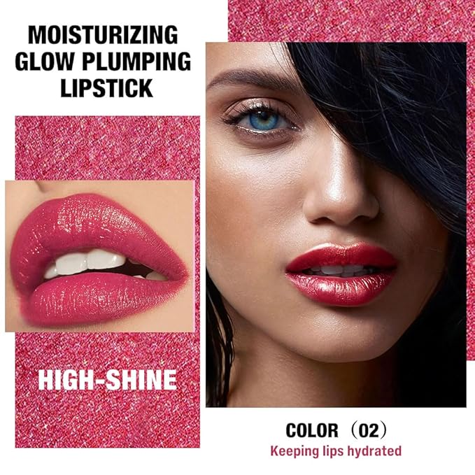 Hot Pink Shimmer Metallic Moisturizing Glow Plumping Lipstick Makeup, Lipstick with Metallic 3D Shine Lightweight Hydrating Formula, Glitter Lip Gloss Stain Long Lasting Waterproof (02#Hot Pink)