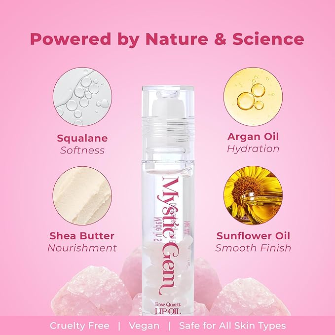 The Beauty Spy Mystic Gemstone Lip Oil, Moisturizing & Hydrating Lip Gloss - Non Sticky, Plumping Lip Oil for Dry Lips (Pink Quartz)
