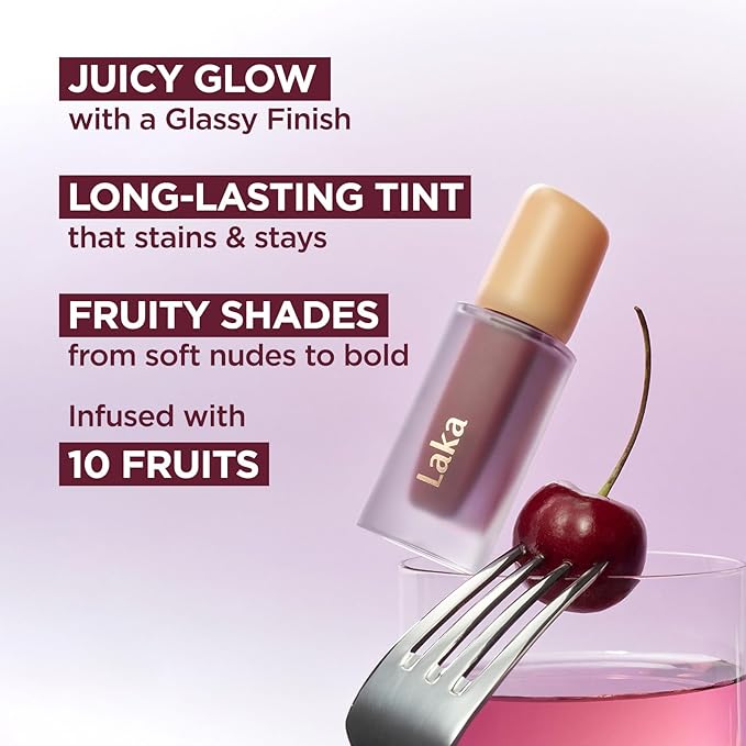 Laka Fruity Glam Tint, 4.5g/0.15oz, Glowing Lip Stain with Wide Color Spectrum, Hydrating & Lightweight Texture, Long-Lasting Bold Stain, Non-Sticky, Vegan, K-Beauty (#132 Lolly)