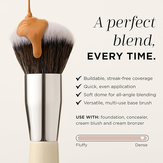 HALEYS Kabuki Makeup Brush + 6 Free Mini Skin Tint Foundations – Vegan Blending Brush for Liquid, Cream & Powder, Flawless Airbrushed Base Kit for Travel and Gifting