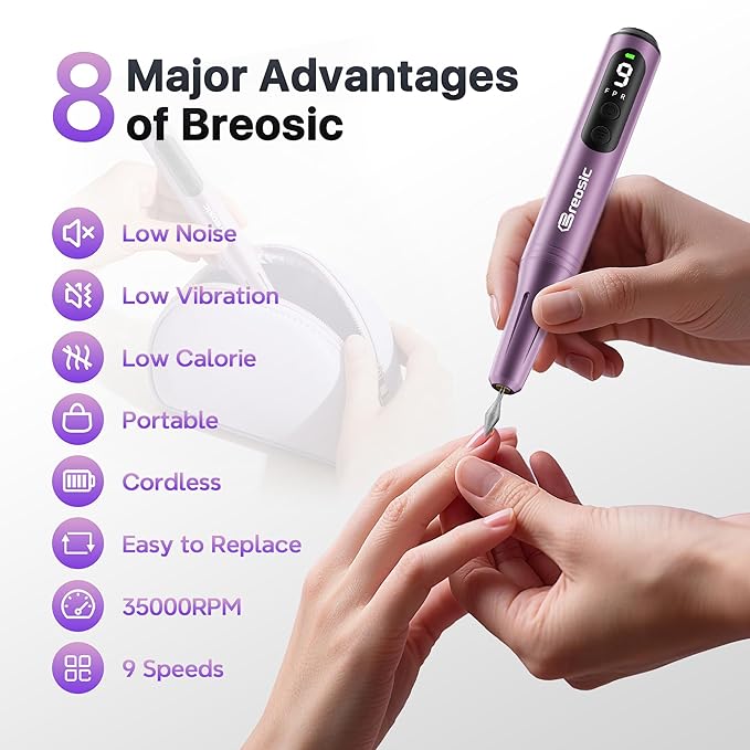 Breosic Electric Nail Drill 35000RPM,12-in-1 Nail File Portable USB-Rechargeable Cordless Nail Drill Professional with 9-Speed & LED Display Manicure Pedicure Nail Kits for Acrylic & Gel Nails(Purple)