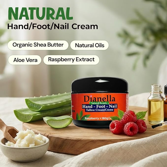 Natural Foot, Nail & Hand Cream - Skin Care & Nourishing Formula – Rich Hydration with Raspberry Scent, Daily Repair Cream for Men & Women, Softens, Protects & Restores Skin – 4oz
