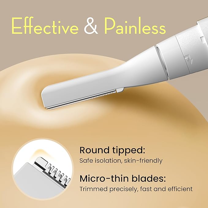 OLOV slim Facial Hair Removal for Women, Painless Eyebrow Trimmer with Pivoting Head, Electric Battery Operated Body Hair Remover with 2 Replaceable Blade for Face Neck Chin Bikini, White