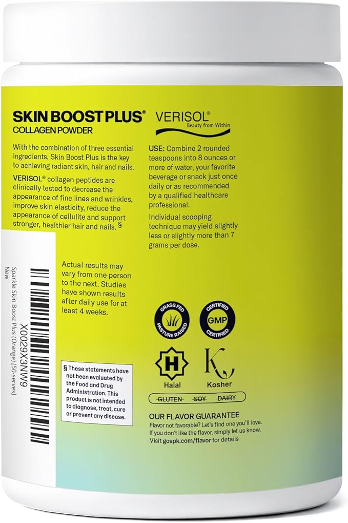 Sparkle Wellness VERISOL Bioactive Hydrolyzed Collagen Peptides | Collagen Powder Supplement with Vitamin C & Hyaluronic Acid for Hair, Skin, and Nail Health | Skin Boost Plus (Orange) [50-Serves]