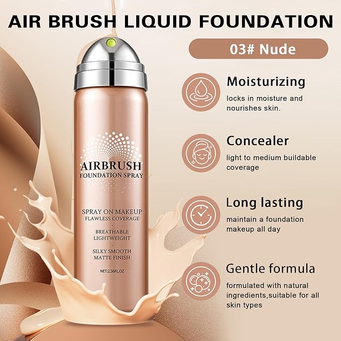 QIUFSSE Magic Minerals Airbrush Foundation Spray and Primer for Face Before Makeup,Waterproof Foundation for Older Women,Teenagers,Middle-aged,Anti-aging Formula for Smooth Radiant Skin (03 Nude)