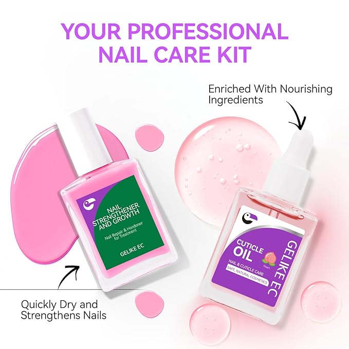 Gelike EC Nail Care Gift Set: Pink Fingernail Nail Growth Treatment & Peach Cuticle Oil 15ml - Cute & Fruity Manicure Set for Thin Peeling Nails - Women Mom Girlfriend Teens Girls Favorite