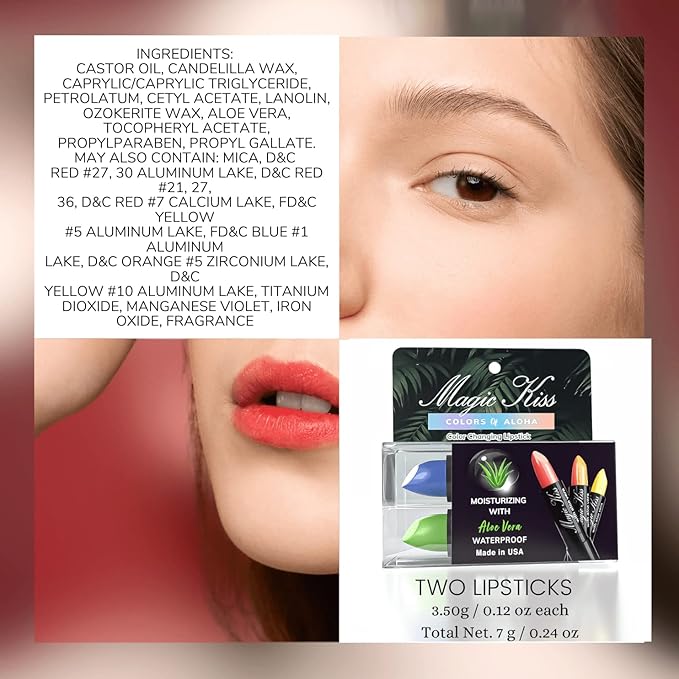 Magic Kiss Color Changing Matte Lipstick set, Long Lasting Nutritious Lips Moisturizer Magic Temperature Color Change Lip Balm with Aloe Vera PH Lipstick MADE IN USA (2 Pack - Green & Blue)