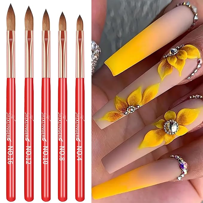 DAIXIANGER 5Pcs New Year Acrylic Nail Art Brush Set -Size 4/8/10/12/16, Red Handle Nail Brushes for Acrylic Application Powder & Nail Extension, 3D Nail Carving Tools for DIY Home Salon Manicure