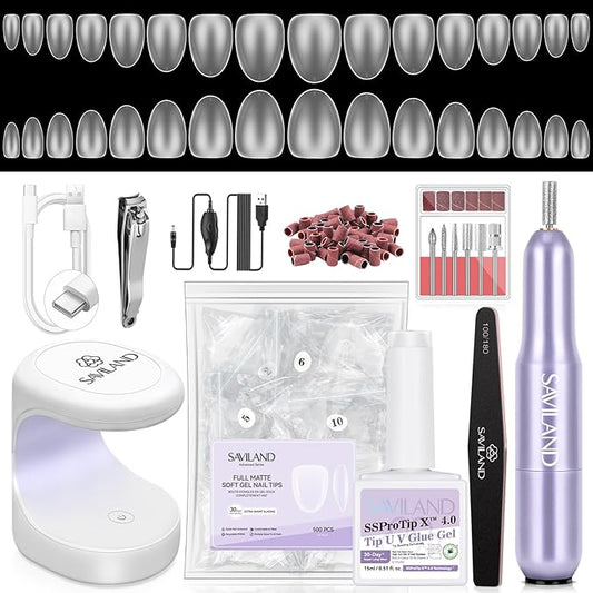 SAVILAND Advanced Gel Nail Kit Almond: 15 Sizes Extra Short Almond Nail Tips with Nail Drill & U V Lamp 500 Pcs Salon Grade Full Matte Nail Tips 30-Day Long Lasting Home DIY Beginner