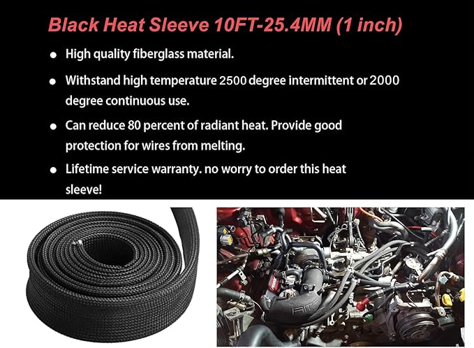 Heat Shield Sleeve Fuel Line Heat Shield Auto Hose Spark Plug Wire Cover Protectors Boots Roll 2500 Degree for Car&Auto Wire Loom Brake Cable (1" IDX10', BLACK)