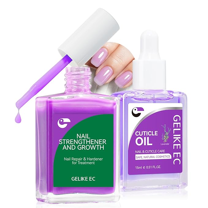 Gelike EC Nail Kit for Beginners: Purple Easy-Use Nail Polish Growth Treatment & Lavender Oil for Thin Weak Nails - for Stress Relief - Repair Split Nails - Spa & Night Care Routine