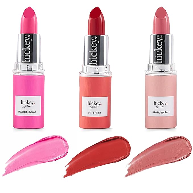 Hickey Lipstick for Women | Nude, Pink & Red Lipsticks Shades | Long Lasting Lipstick for women | Moisturizing, Hydrating & Velvet Finish | 24-Hour Waterproof Cream Lipsticks (Pack of 3)