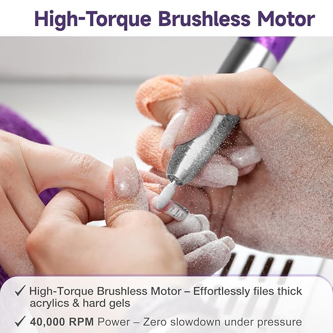 Professional Brushless Nail Drill, AZ GOGO 85W Cordless Electric Nail File 40000RPM Rechargeable Portable Nail Drill Machine for Gel Acrylic Nails, High Torque Quieter for Salon Nails Art (Purple)