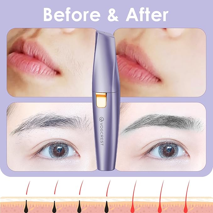 VG VOGCREST Eyebrow & Facial Trimmer: 2-in-1 Rechargeable Facial Hair Removal & Eyebrow Shaver - Painless Razor with Built-in LED Light (Solar Purple)