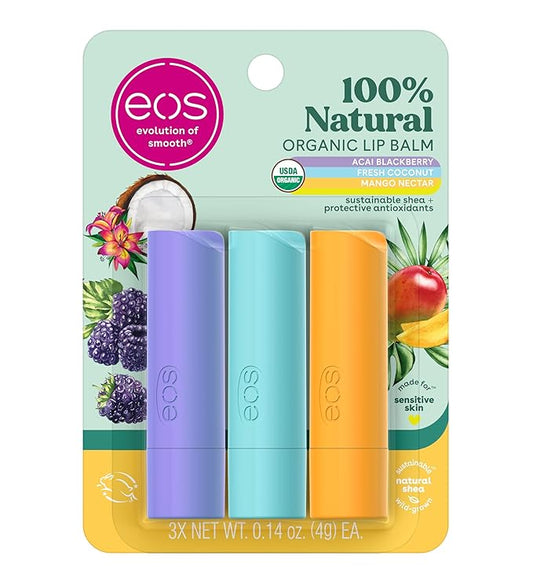 eos Natural Shea Lip balm - Acai Blackberry, Fresh Coconut, Mango Nectar, eos lip balm, All-Day Moisture, Lip Care, Shea Butter, Moisturizing, 0.14 oz, 3-Pack Sticks