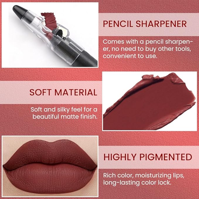 Brick Red Matte Lip Liner Crayon with Sharpener - Waterproof Smudgeproof Long-Wear Lip Pencil, Creamy Pigmented Lip Crayon for Women, 12HR Stay Silky Velvet Lip Liner 14#