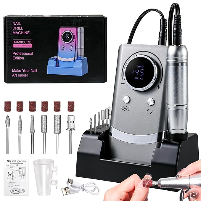 ANRLO Professional Electric Nail Drill, 45000 RPM Cordless Rechargeable E-File Machine, with 12 Bits, Sanding Bands, LCD Display for Acrylic Gel Nails (DMJ-V8-Gray-USB)
