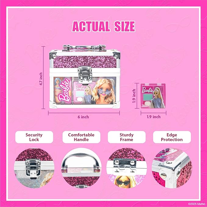 Barbie Beauty Mini Train Case Set Includes Lip Gloss Tube, Lip Balm, Lip Gloss Compact for Girls Party Sleepovers by Townley Girl