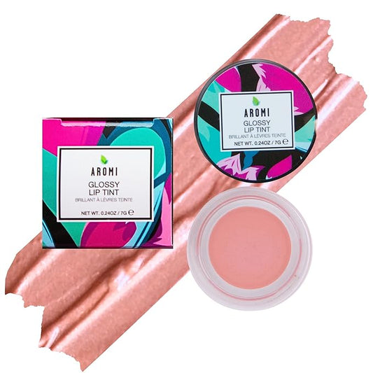 Aromi Glossy Lip Tint in Pot – Shimmery, Hydrating Lip Gloss Color, Metallic, Light Peachy Beige Shade, Vegan & Cruelty-free, Moisturizing, Non-Sticky Formula (Peach Nude)