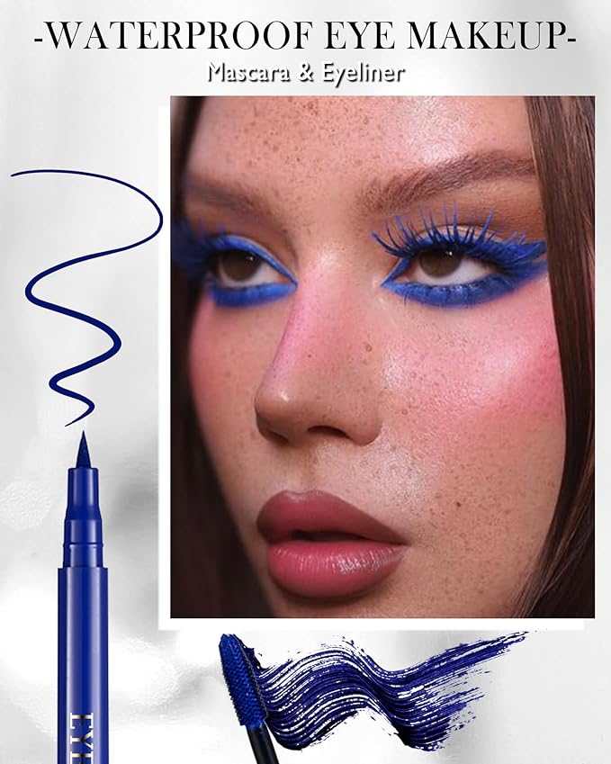 Blue Waterproof Mascara & Eyeliner, 5D Silk Fiber Lash Extension Colored Tube Mascara Volume and Length,Long-Lasting Smudge-Proof Volumizing Colorful Máscara and Liquid Eyeliner Pen Set for Women