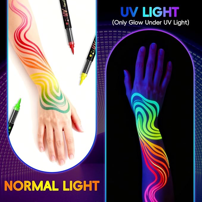 Glow in the Dark Body Paint,Halloween Makeup Kit,Neon Face Painting Markers Pen for Skin Glow Under Black Light, Washable UV Temporary Tattoo Pens for Glow Party Supplies (16 color)