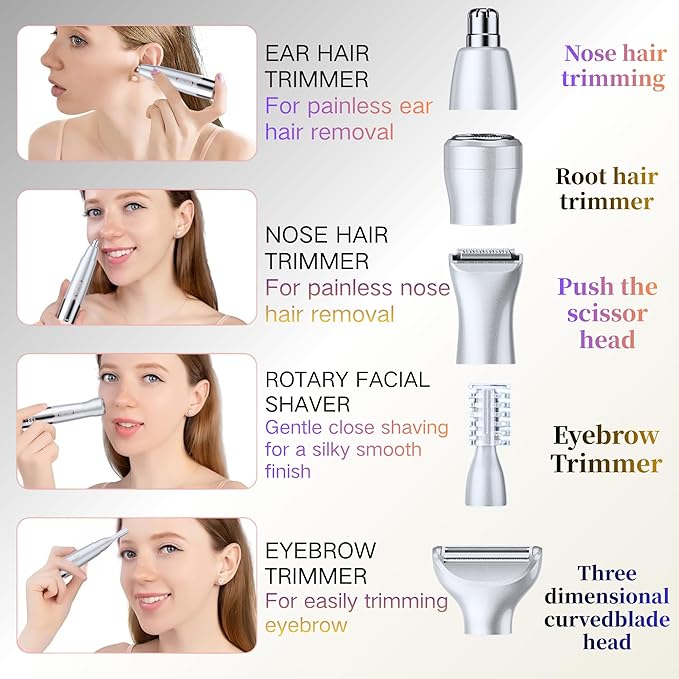 5-in-1 Rechargeable Nose & Ear Hair Trimmer - IPX7 Waterproof Dual Edge Grooming Kit for Men & Women, Perfect for Hair Removal of Nose, Eyebrows, Beard, Bikini, and Facial Hair (White)